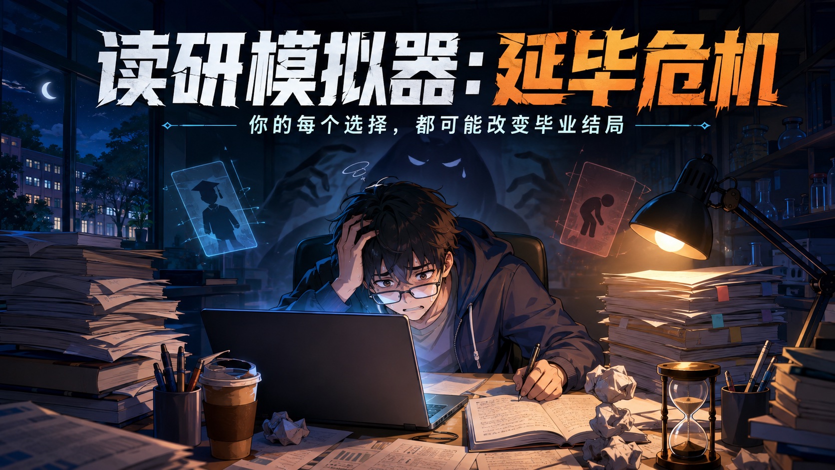 《读研模拟器：延毕危机》游戏封面：深夜伏案的研究生与堆叠的资料